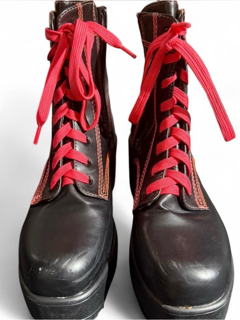 Koi Footwear Platform Combat Boots Black Coral Lace Stitch Chunky Alt Grunge